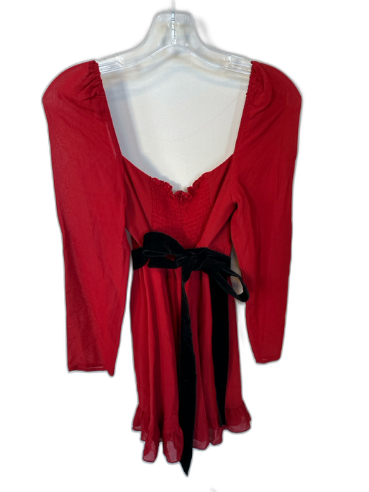Reformation Size 6 Red & Black Viscose Long Balloon Sleeve Velvet Accents Dress Red & Black / 6