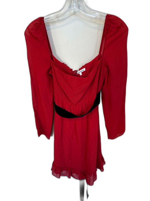 Reformation Size 6 Red & Black Viscose Long Balloon Sleeve Velvet Accents Dress Red & Black / 6