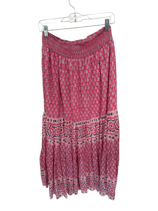 Bell Size L Pink & Navy Cotton floral pattern Smocked Waist Tiered Maxi Skirt Pink & Navy / L