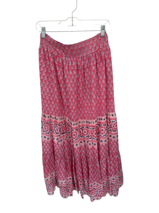 Bell Size L Pink & Navy Cotton floral pattern Smocked Waist Tiered Maxi Skirt Pink & Navy / L