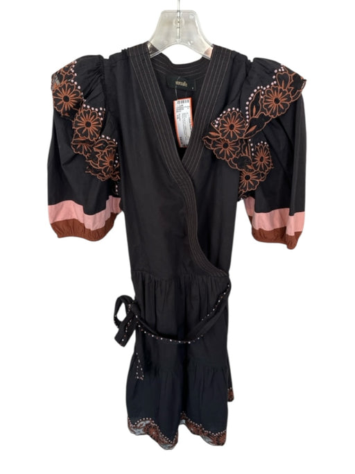 Veroalfie Size 1/S Black & Brown Cotton Long Balloon Sleeve Belted Dress Black & Brown / 1/S