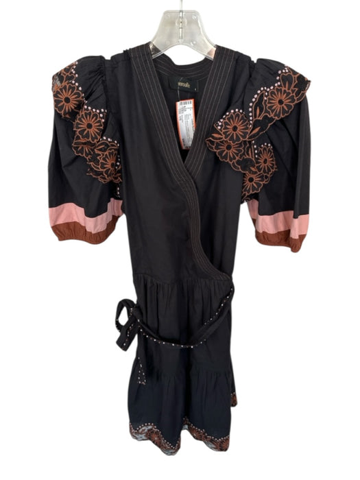 Veroalfie Size 1/S Black & Brown Cotton Long Balloon Sleeve Belted Dress Black & Brown / 1/S