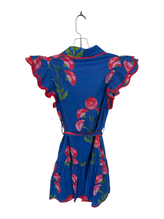 Jodifl Size S Blue & Red Cotton Floral Collar Ruffle sleeve Button Down Dress Blue & Red / S
