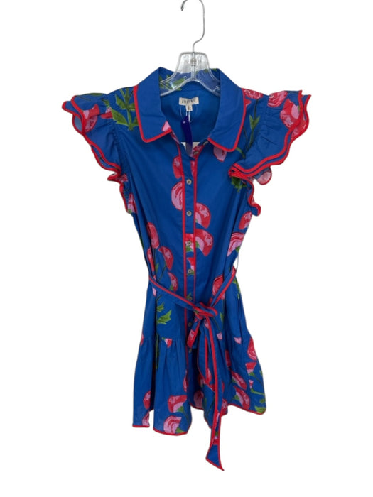 Jodifl Size S Blue & Red Cotton Floral Collar Ruffle sleeve Button Down Dress Blue & Red / S
