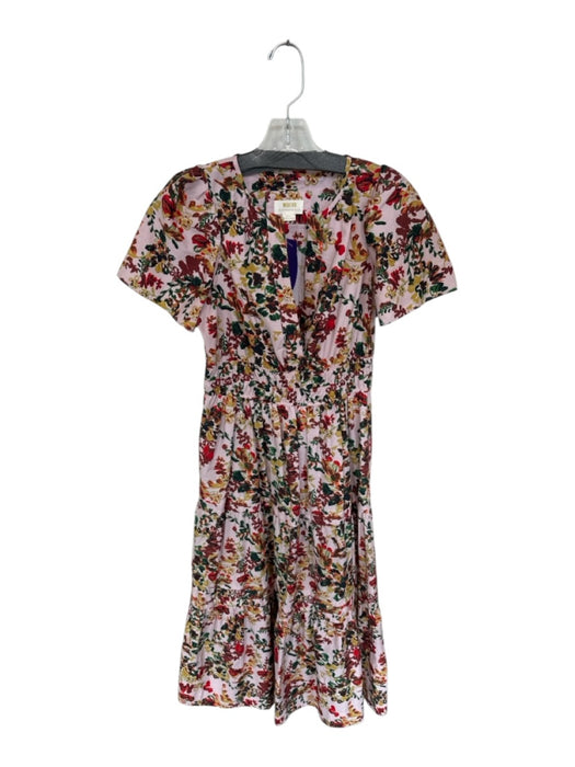 Maeve Size XS Pink & Brown Cotton Maxi Sinched Waist Short Sleeve V Neck Dress Pink & Brown / XS