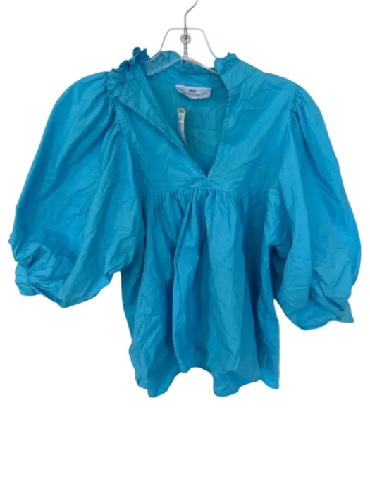 Never a Wallflower Size XS Sky Blue Cotton V Neck Ruffle Collar Pleated Top Sky Blue / XS