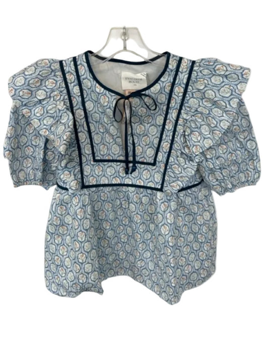 Hyacinth House Size XXS White & Navy Cotton floral pattern Tie Detail Blouse White & Navy / XXS