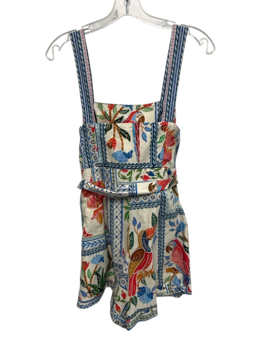 Farm Size S Blue, Red, Green Cotton Sleeveless Floral & Birds Cuffed Romper Blue, Red, Green / S