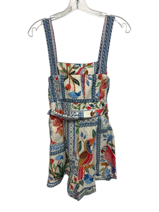 Farm Size S Blue, Red, Green Cotton Sleeveless Floral & Birds Cuffed Romper Blue, Red, Green / S