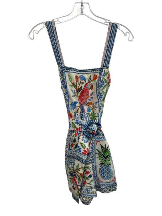 Farm Size S Blue, Red, Green Cotton Sleeveless Floral & Birds Cuffed Romper Blue, Red, Green / S