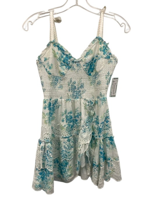 Love Shack Fancy Size XS Blue & White Cotton Sleeveless Floral Print Mini Dress Blue & White / XS