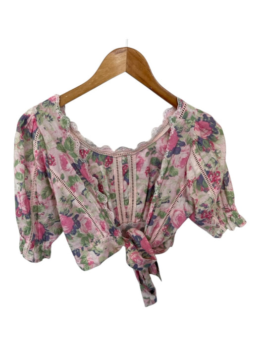 Loveshackfancy Size XS Pink & Green Cotton Short Balloon Sleeve Flowers Top Pink & Green / XS