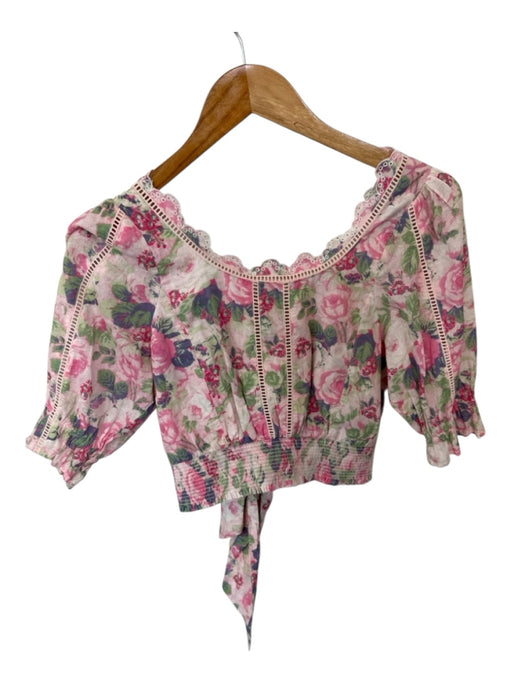 Loveshackfancy Size XS Pink & Green Cotton Short Balloon Sleeve Flowers Top Pink & Green / XS