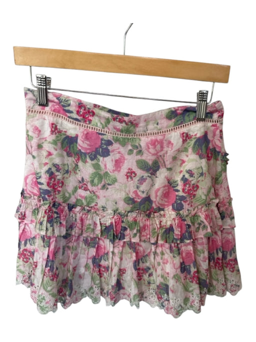 Loveshackfancy Size 4 Pink & Green Cotton Side Zip Flowers Lace Trim Skirt Pink & Green / 4