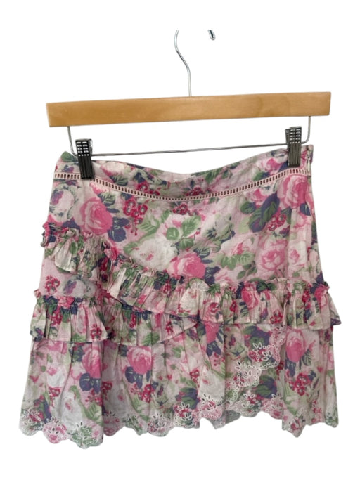 Loveshackfancy Size 4 Pink & Green Cotton Side Zip Flowers Lace Trim Skirt Pink & Green / 4