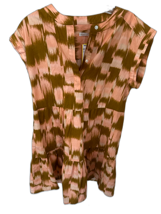 Marie Oliver Size S Brown & Peach Cotton Cap Sleeve Ikat Split Neck Dress Brown & Peach / S