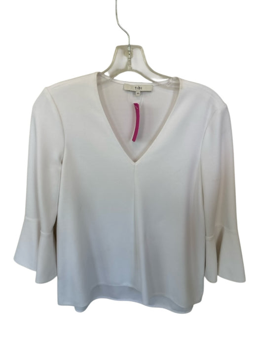 Tibi Size XS Ivory Polyester Blend Long Bell Sleeve V Neck Top Ivory / XS