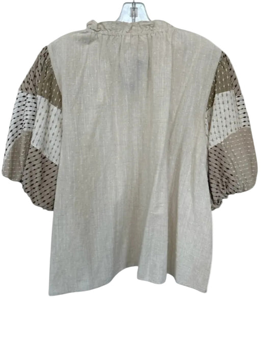 THML Size L Beige & Multi Cotton Blend Puff Sleeves Ruffle Collar Dotted Blouse Beige & Multi / L