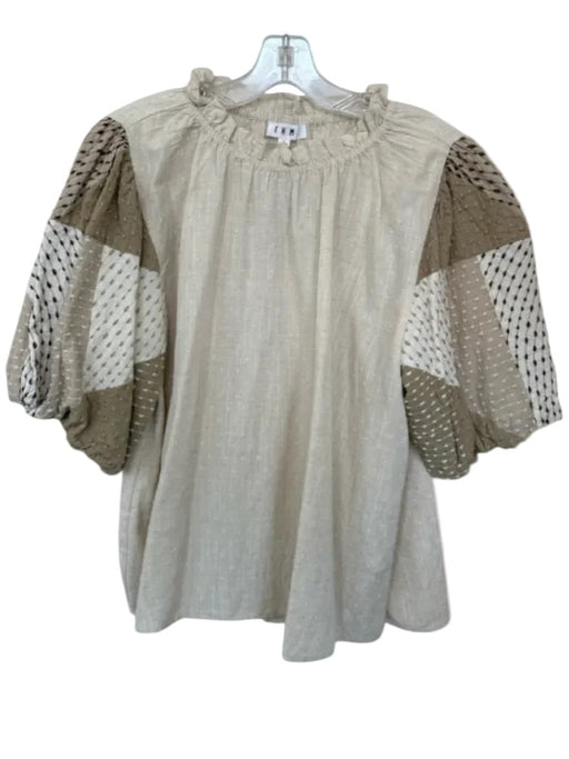 THML Size L Beige & Multi Cotton Blend Puff Sleeves Ruffle Collar Dotted Blouse Beige & Multi / L