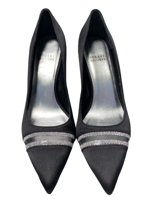 Stuart Weitzman Shoe Size 8 Black Satin Mesh Stripe Rhinestone Pointed Toe Shoes Black / 8