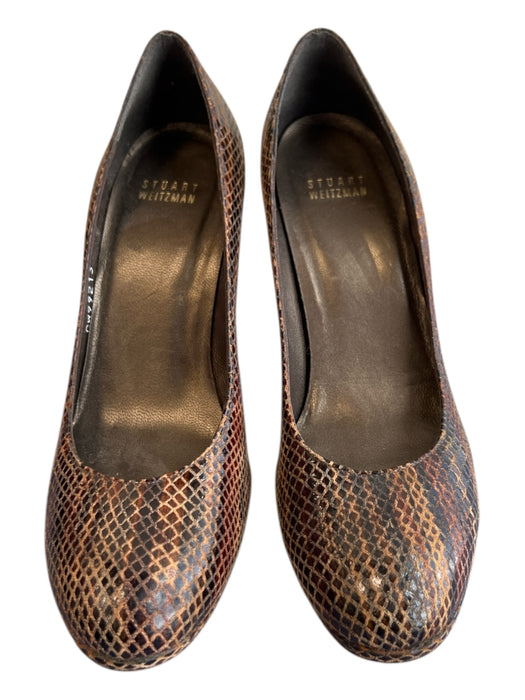 Stuart Weitzman Shoe Size 7.5 Brown Print Leather Snake Embossed Round Toe Pumps Brown Print / 7.5