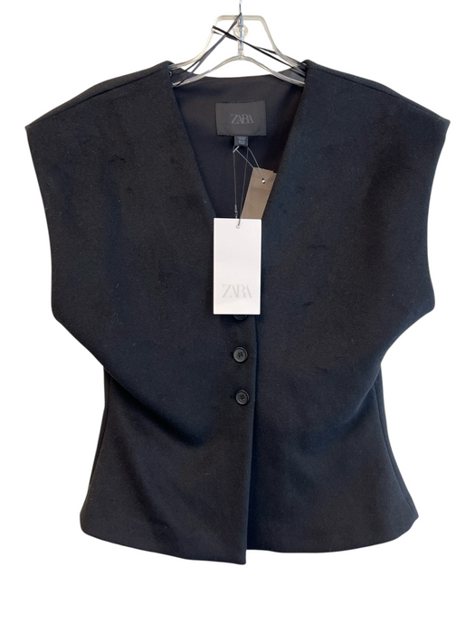 Zara Size S Black Polyester 3 Button V Neck Cap Sleeve Vest Vest Black / S