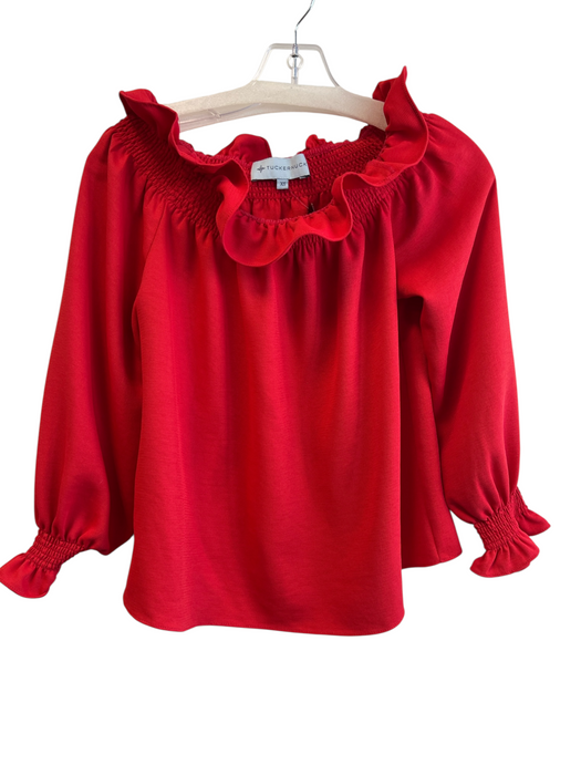 Tuckernuck Size XS Red Polyester Long Sleeve Ruffle Detail Elastic Neck Top Red / XS