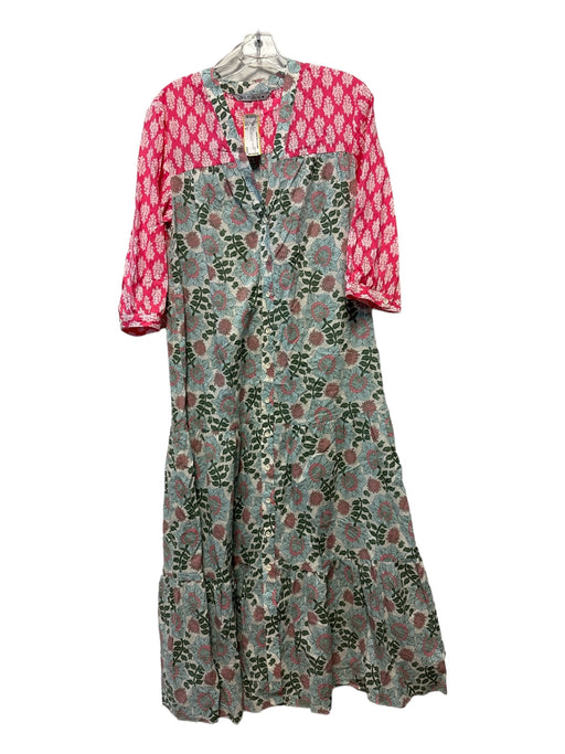 Zara Size S Pink & Green Cotton Long Sleeve Floral Maxi Dress Pink & Green / S