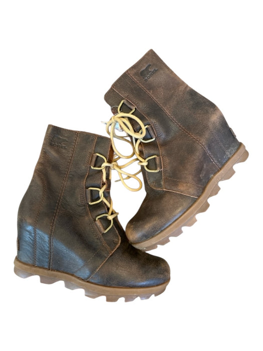 Sorel Shoe Size 7 Dark Brown Leather Wedge lace up Booties Dark Brown / 7