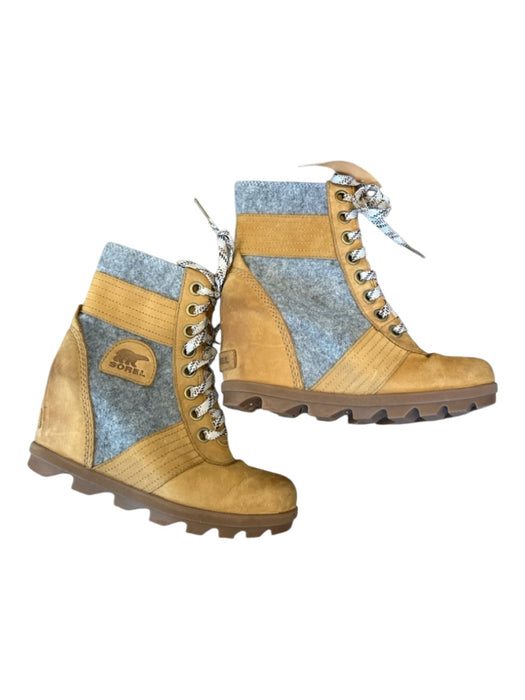 Sorel Shoe Size 7.5 Tan & Gray Leather & Wool Wedge lace up Booties Tan & Gray / 7.5