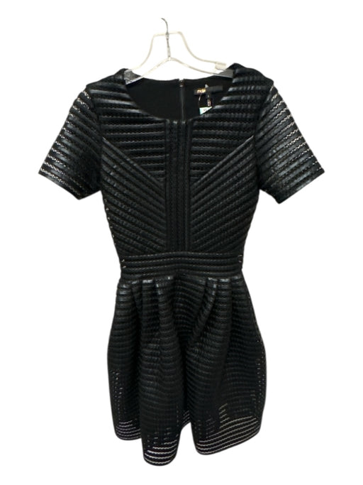 Maje Size 1/S Black Polyester Short Sleeve Perforated Back Zip Full SKirt Dress Black / 1/S