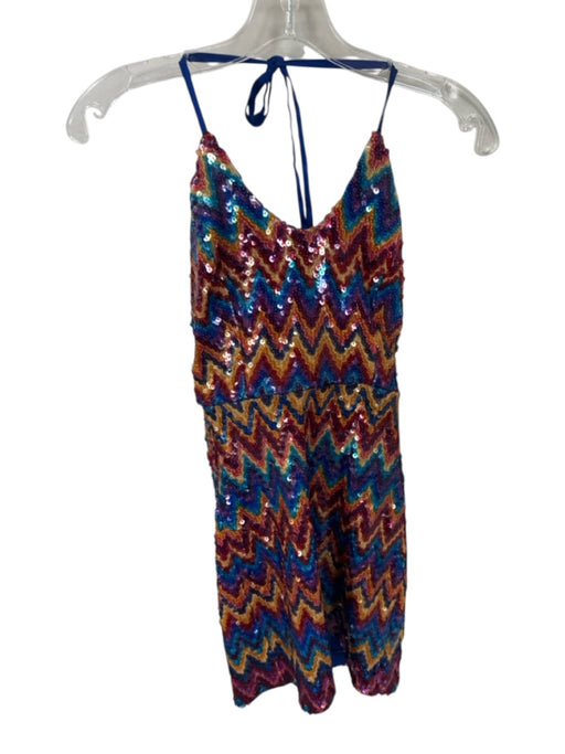 Ramy Brook Size 2 Blue & Orange Sequin Halter Neck Chevron Mini Dress Blue & Orange / 2