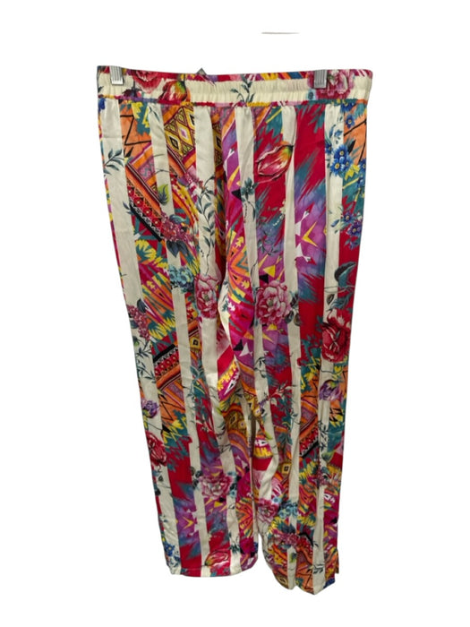 Johnny Was Size S Cream & Multi Silk Blend Drawstring Botanical Wide Leg Pants Cream & Multi / S