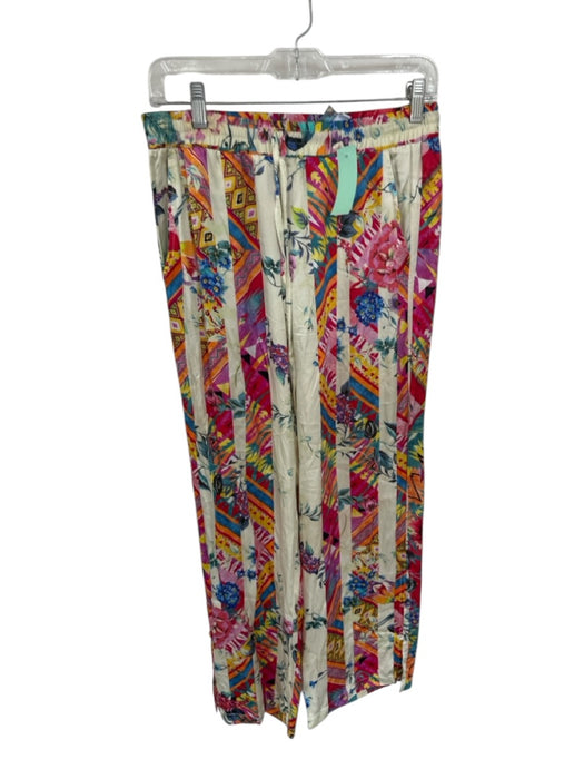 Johnny Was Size S Cream & Multi Silk Blend Drawstring Botanical Wide Leg Pants Cream & Multi / S