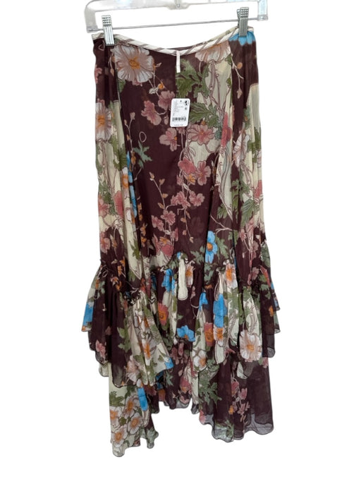 Free People Size 0 Maroon & Blue Polyester Side Zip Flowers Ruffles Maxi Skirt Maroon & Blue / 0