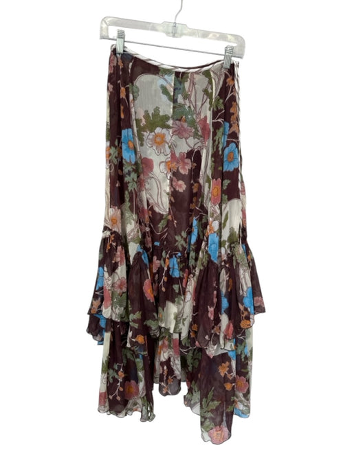 Free People Size 0 Maroon & Blue Polyester Side Zip Flowers Ruffles Maxi Skirt Maroon & Blue / 0