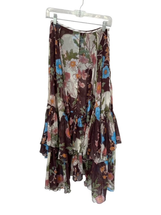 Free People Size 0 Maroon & Blue Polyester Side Zip Flowers Ruffles Maxi Skirt Maroon & Blue / 0