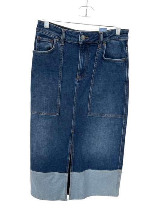Ba&sh Size 38 Dark Wash Cotton Blend High Waist Front Slit Denim Midi Skirt Dark Wash / 38