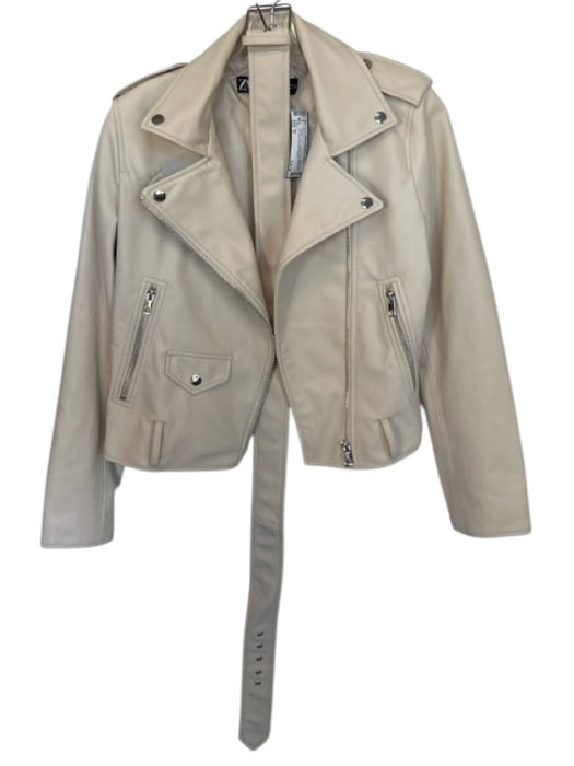 Zara Size M Cream Vegan Leather Long Sleeve Full ZIp Moto Cropped Jacket Cream / M