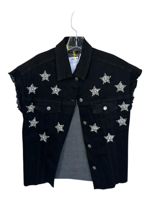Size S Black & Silver Cotton Blend Cap Sleeve Rhinestone Stars Jacket Black & Silver / S
