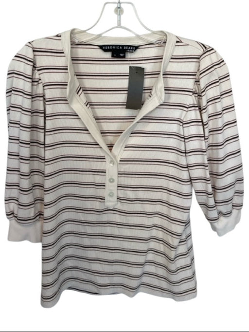 Veronica Beard Size S Cream & Brown Pima Cotton Blend 3/4 Balloon Sleeve Top Cream & Brown / S