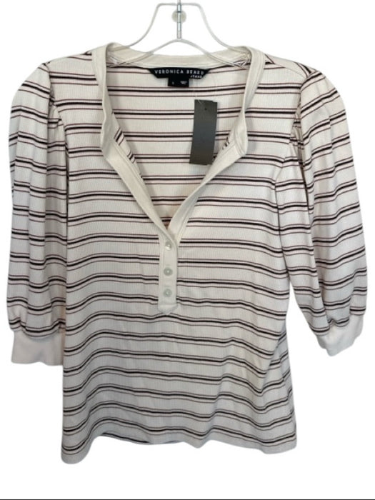 Veronica Beard Size S Cream & Brown Pima Cotton Blend 3/4 Balloon Sleeve Top Cream & Brown / S