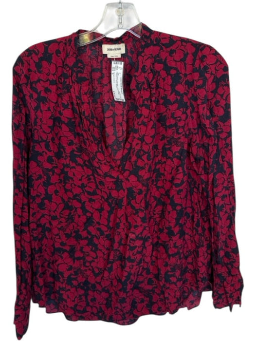 Zadig & Voltaire Size S Red & Black Viscose Long Sleeve Flowers V Neck Top Red & Black / S