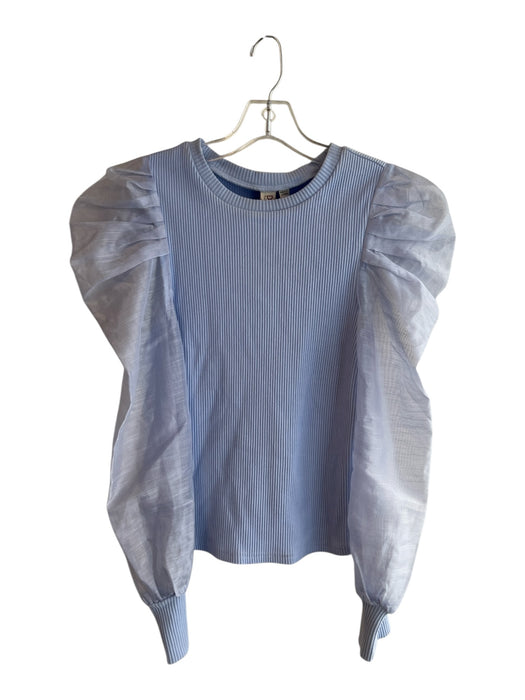 Dolan Size S Blue Rayon Ribbed Detail Sheer Sleeve Puff Sleeve Round Neck Top Blue / S
