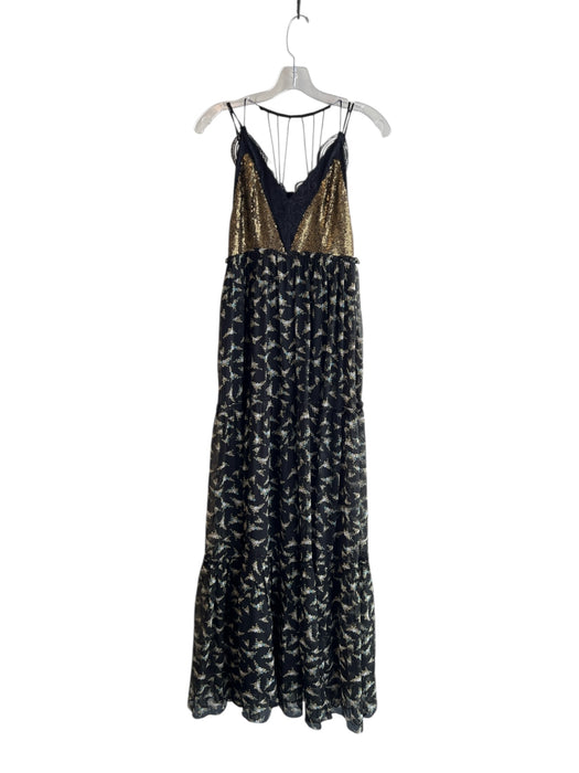 RANNA GILL Size 4 Black & Gold Multi Polyester Spaghetti Strap V Neck Dress Black & Gold Multi / 4