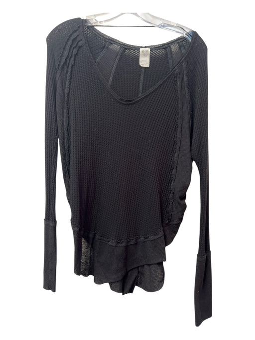 Free People Size XS Black Rayon Blend Distressed Slouchy Waffle Seam Detail Top Black / XS