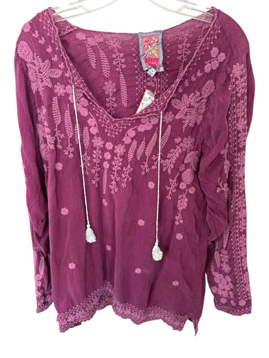Johnny Was Size M Fuschia & Beige Cupra Rayon Sheer Embroidery Tassel Top Fuschia & Beige / M