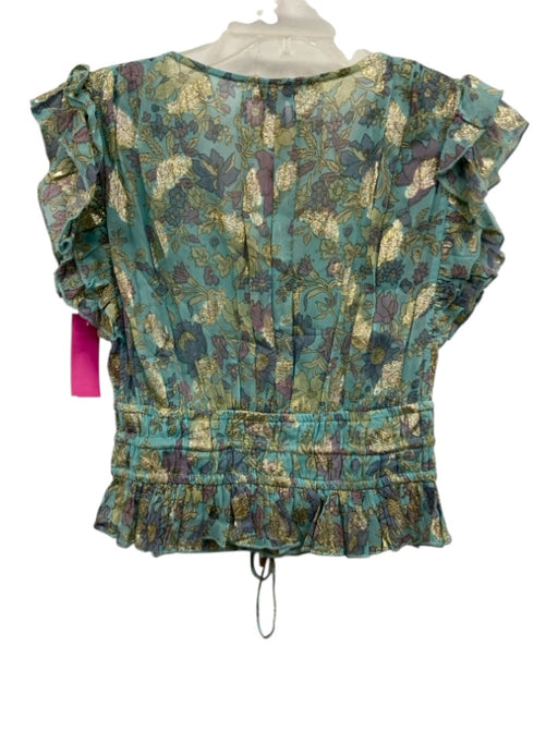 Karina Grimaldi Size S Blue, Purple, Gold Viscose Ruffle Cap Sleeve V Neck Top Blue, Purple, Gold / S