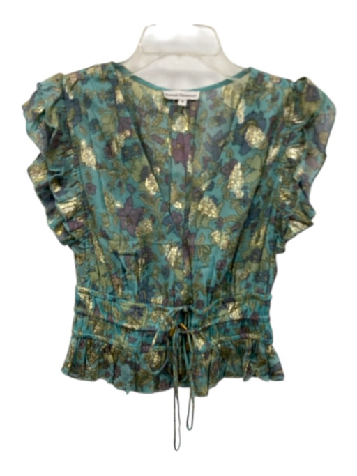 Karina Grimaldi Size S Blue, Purple, Gold Viscose Ruffle Cap Sleeve V Neck Top Blue, Purple, Gold / S