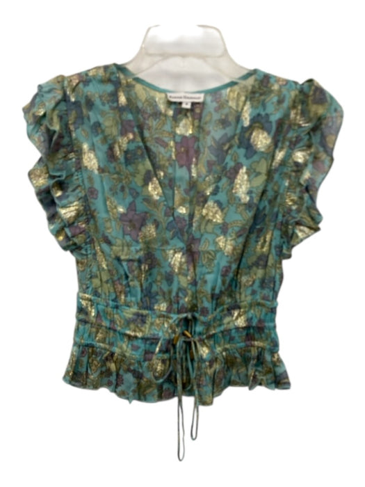 Karina Grimaldi Size S Blue, Purple, Gold Viscose Ruffle Cap Sleeve V Neck Top Blue, Purple, Gold / S